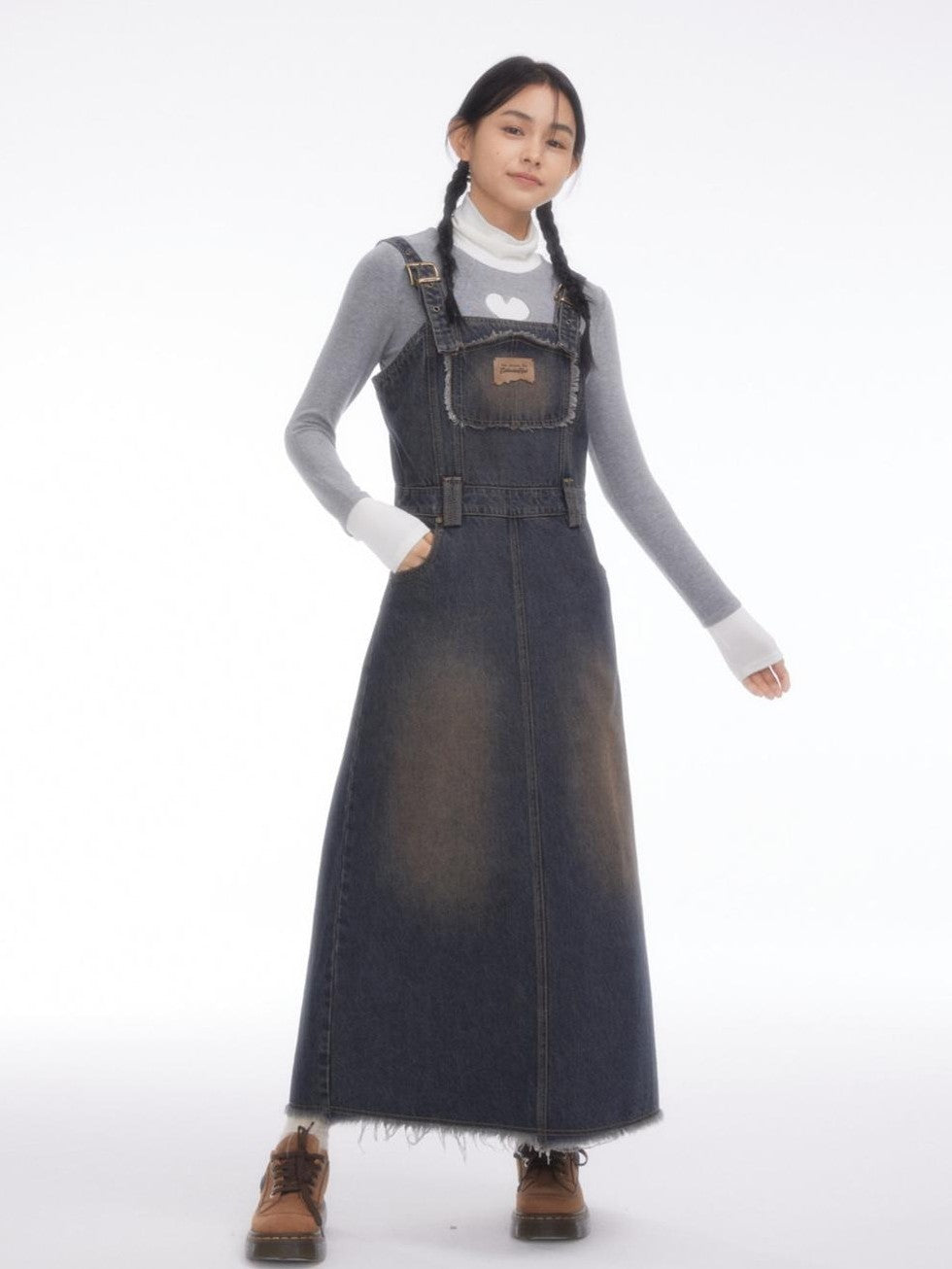 Vintage Collegiate High Waist Denim Pinafore Women's Casual Midi Dresses