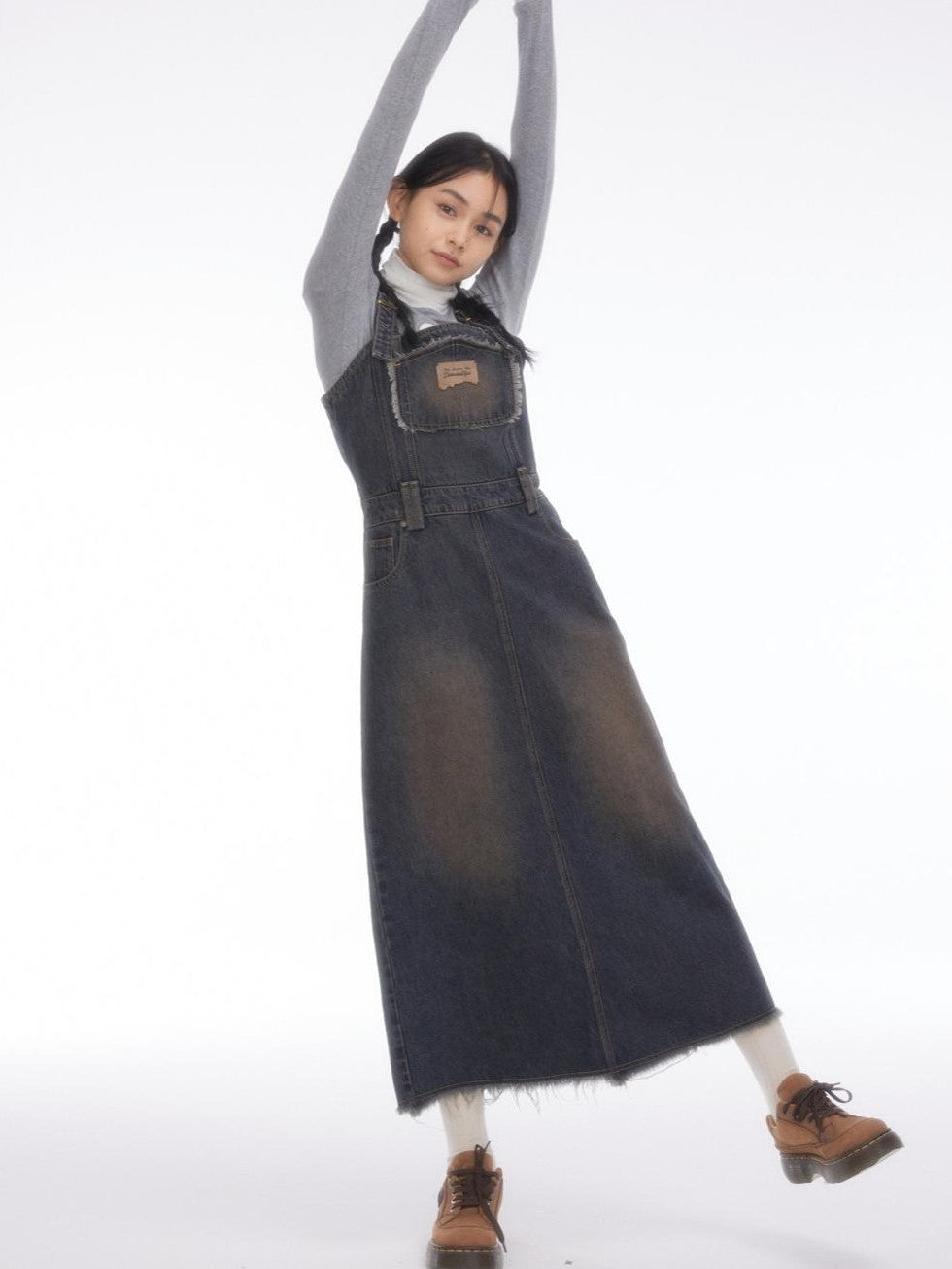 Vintage Collegiate High Waist Denim Pinafore Women's Casual Midi Dresses