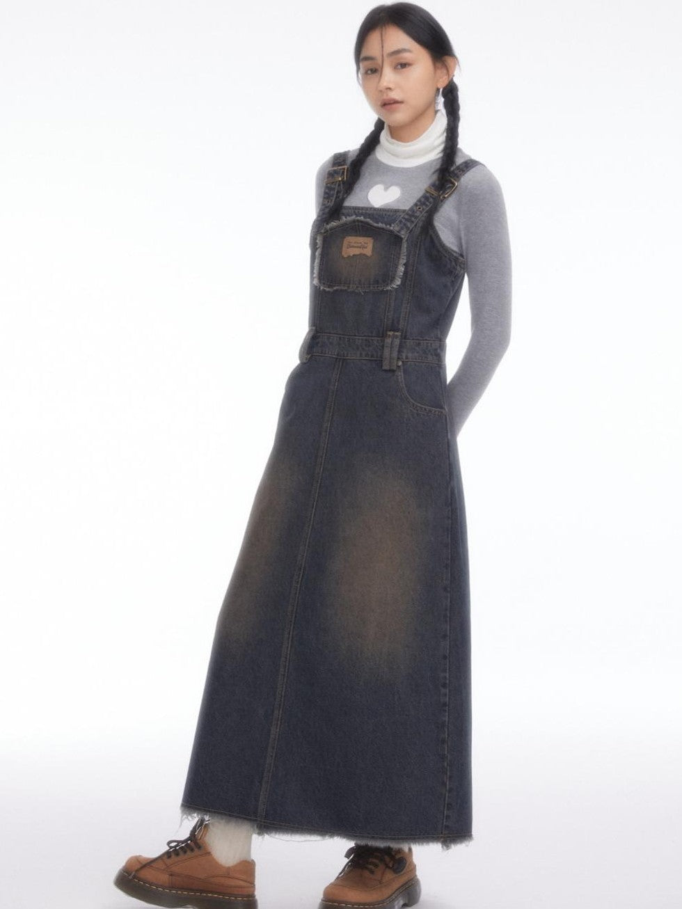 Vintage Collegiate High Waist Denim Pinafore Women's Casual Midi Dresses