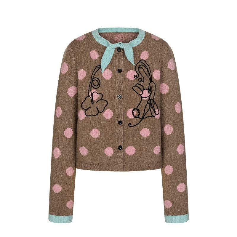 Vintage Contrast Collar Bow Polka Dot Women's Acrylic Blend Cardigans