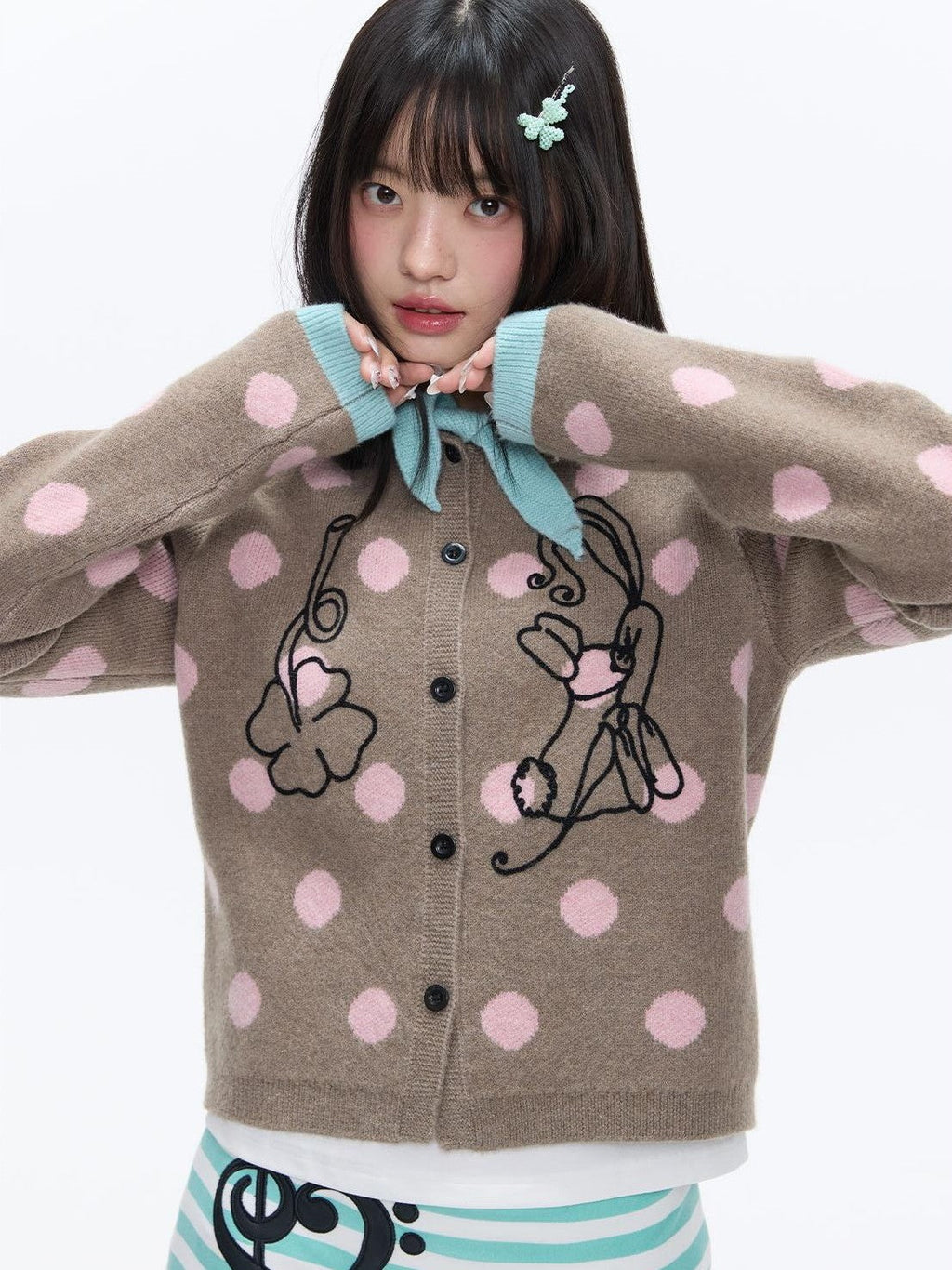 Vintage Contrast Collar Bow Polka Dot Women's Acrylic Blend Cardigans
