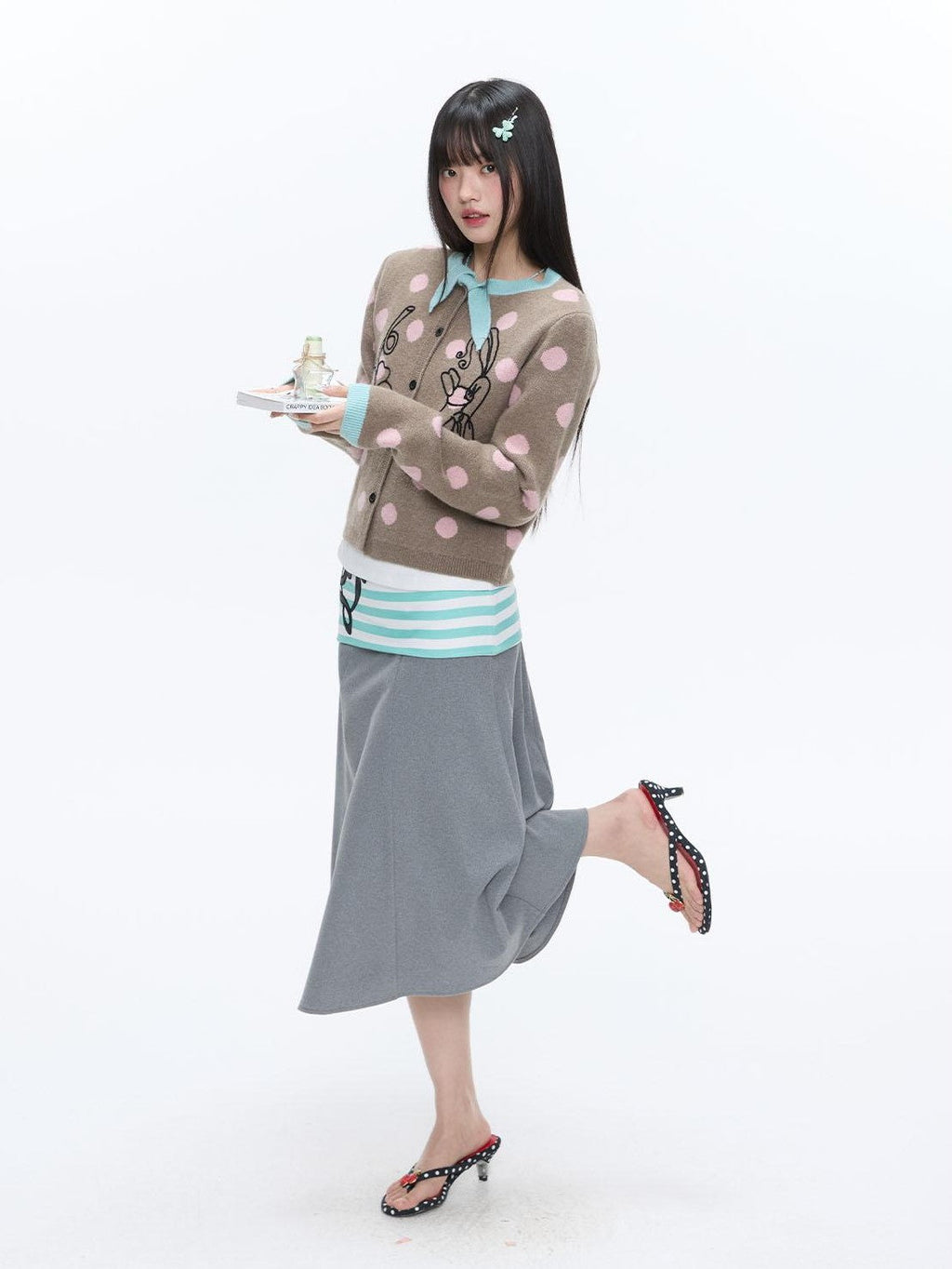 Vintage Contrast Collar Bow Polka Dot Women's Acrylic Blend Cardigans