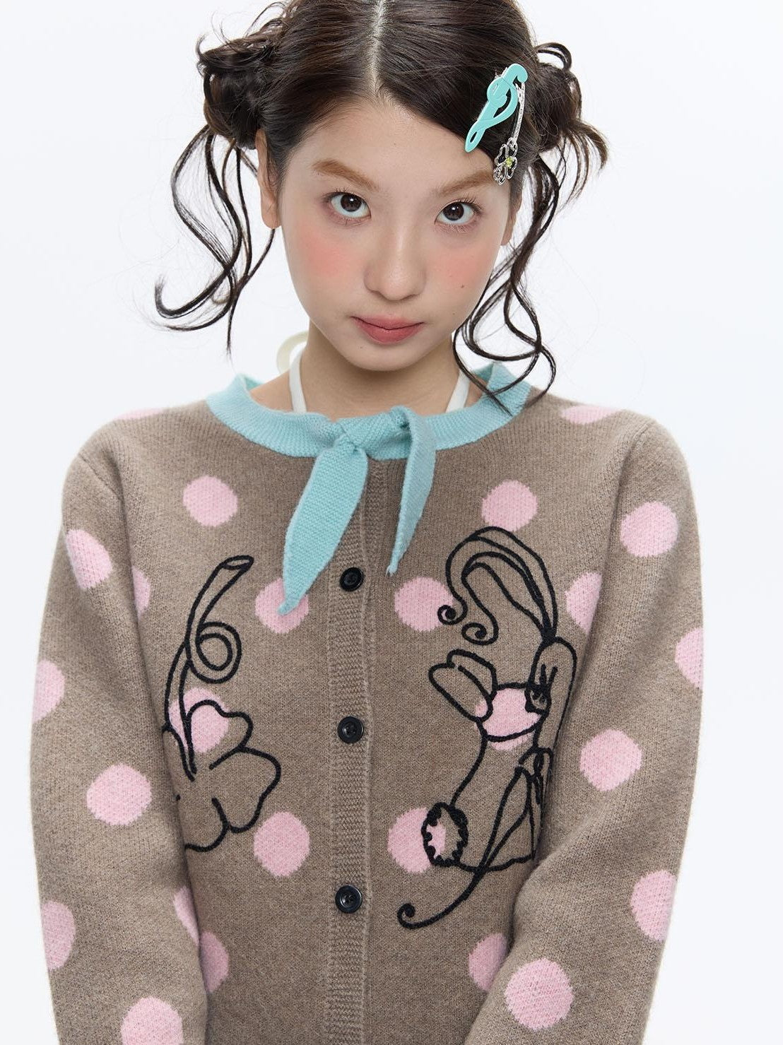 Vintage Contrast Collar Bow Polka Dot Women's Acrylic Blend Cardigans