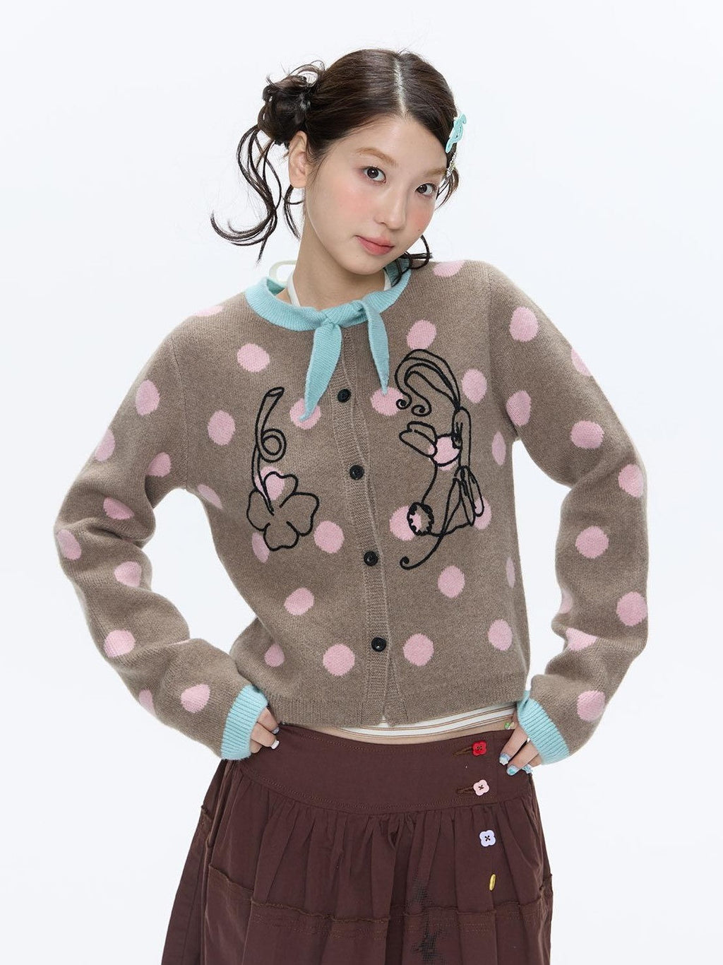Vintage Contrast Collar Bow Polka Dot Women's Acrylic Blend Cardigans
