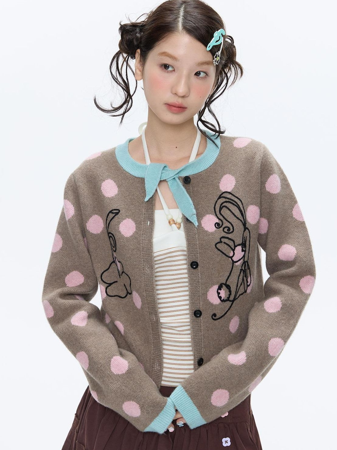 Vintage Contrast Collar Bow Polka Dot Women's Acrylic Blend Cardigans