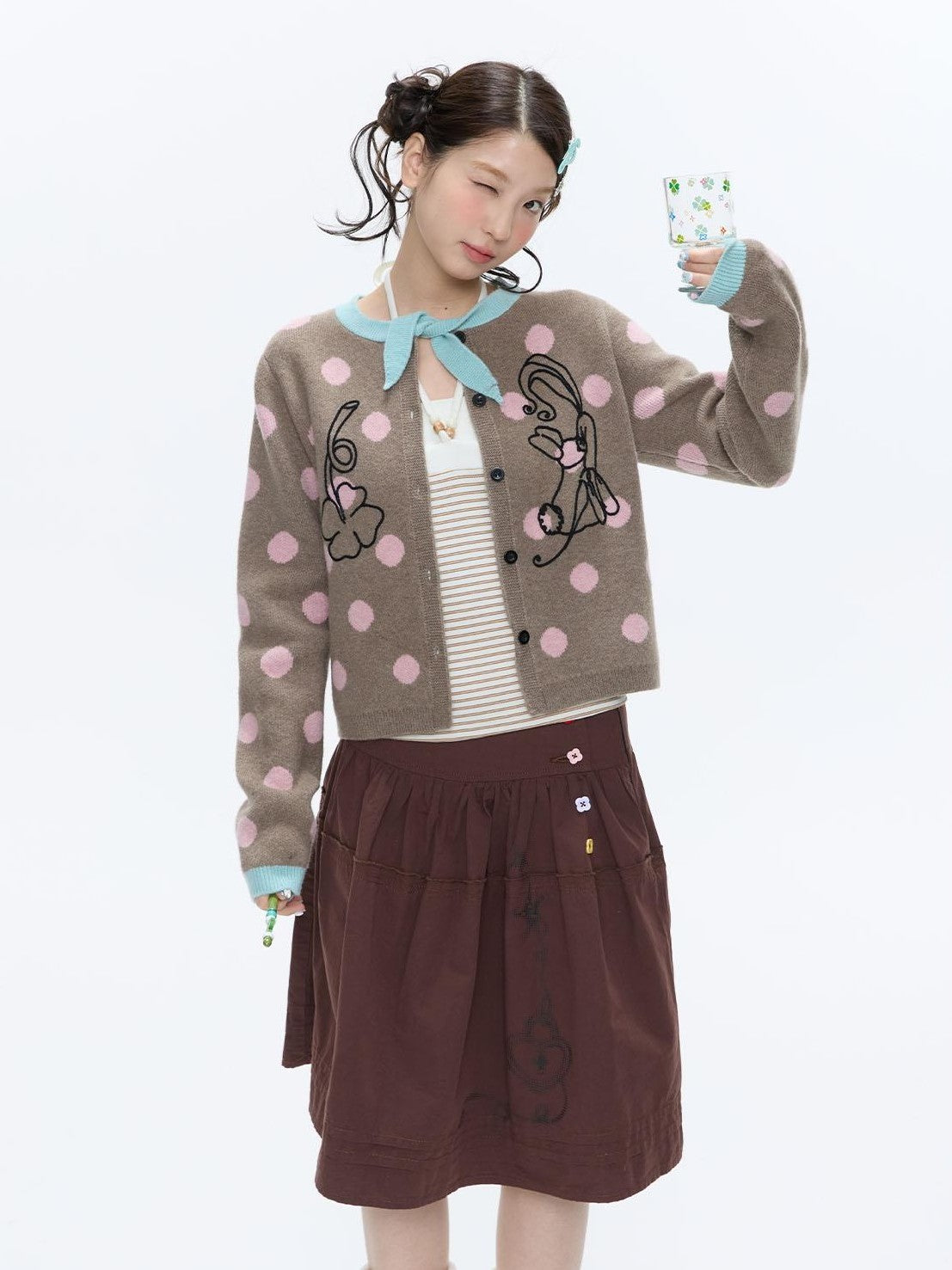 Vintage Contrast Collar Bow Polka Dot Women's Acrylic Blend Cardigans