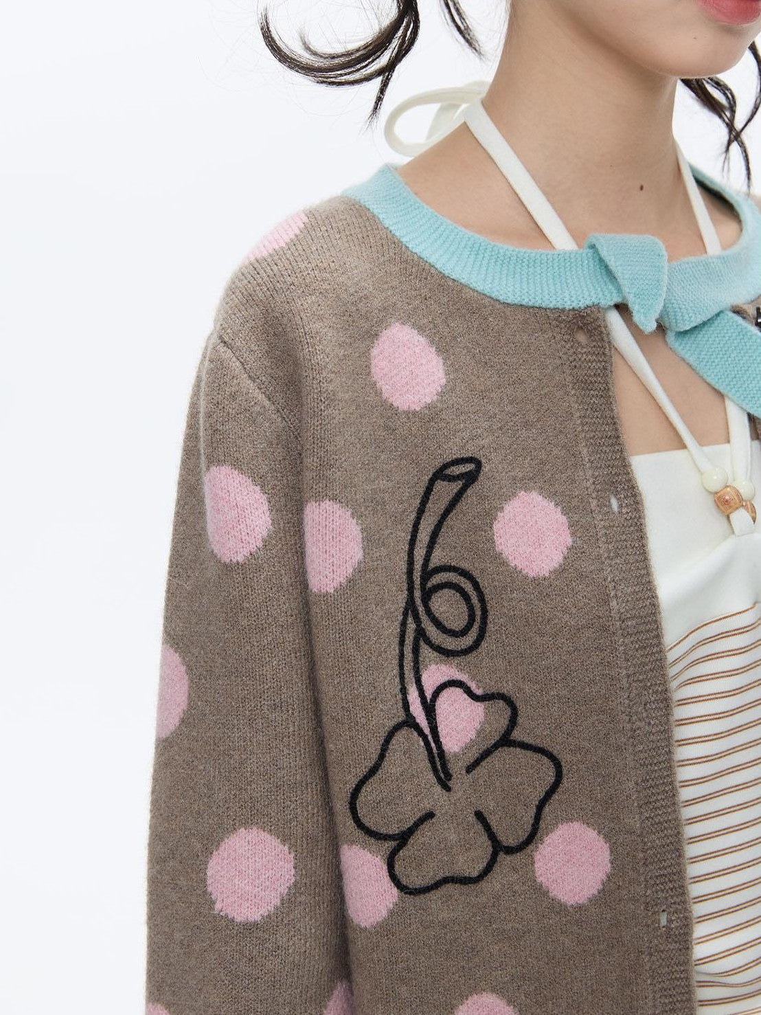 Vintage Contrast Collar Bow Polka Dot Women's Acrylic Blend Cardigans