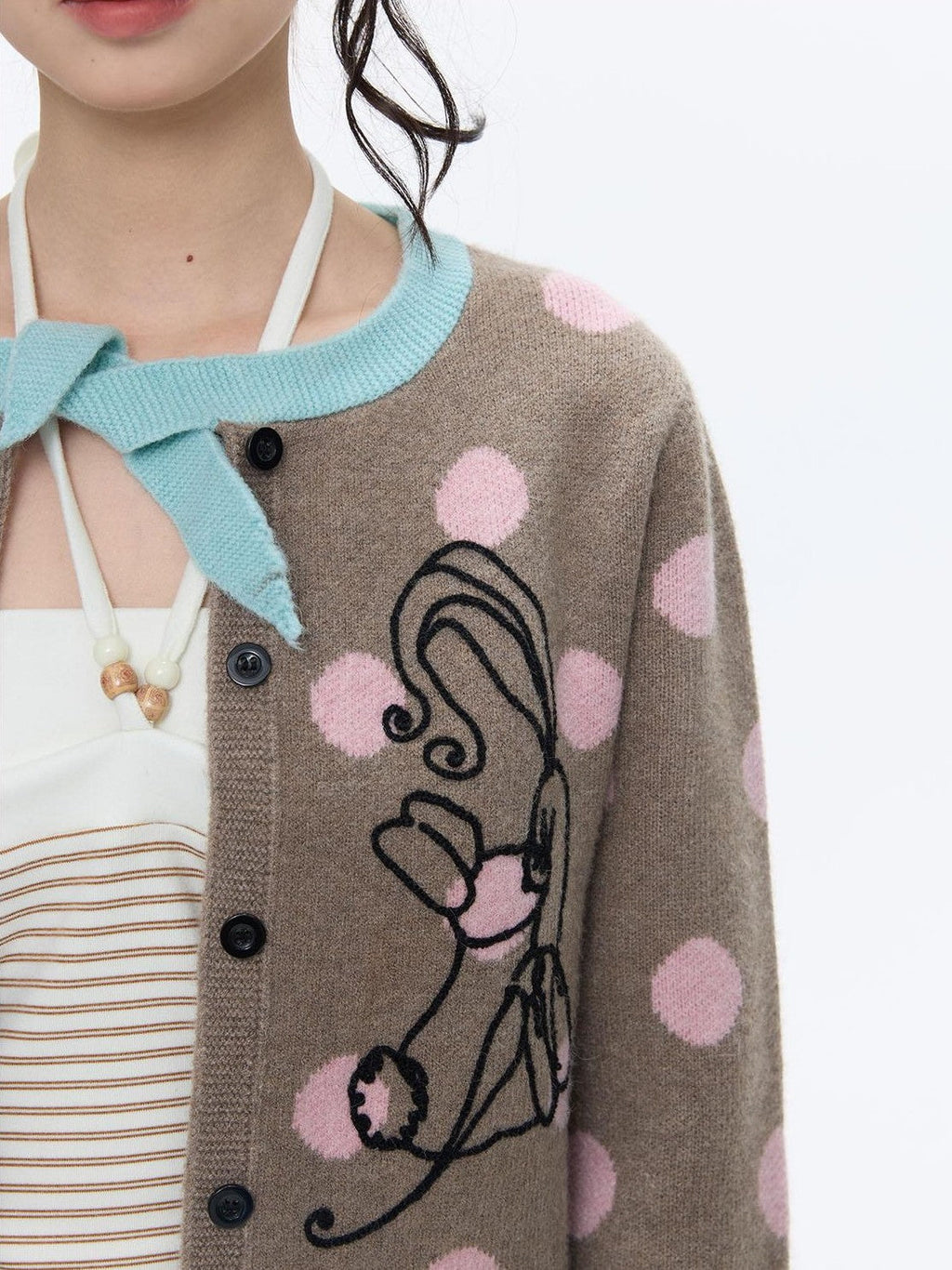 Vintage Contrast Collar Bow Polka Dot Women's Acrylic Blend Cardigans