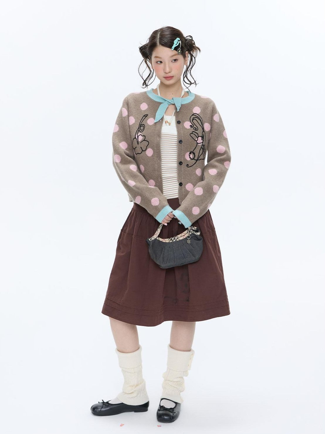 Vintage Contrast Collar Bow Polka Dot Women's Acrylic Blend Cardigans