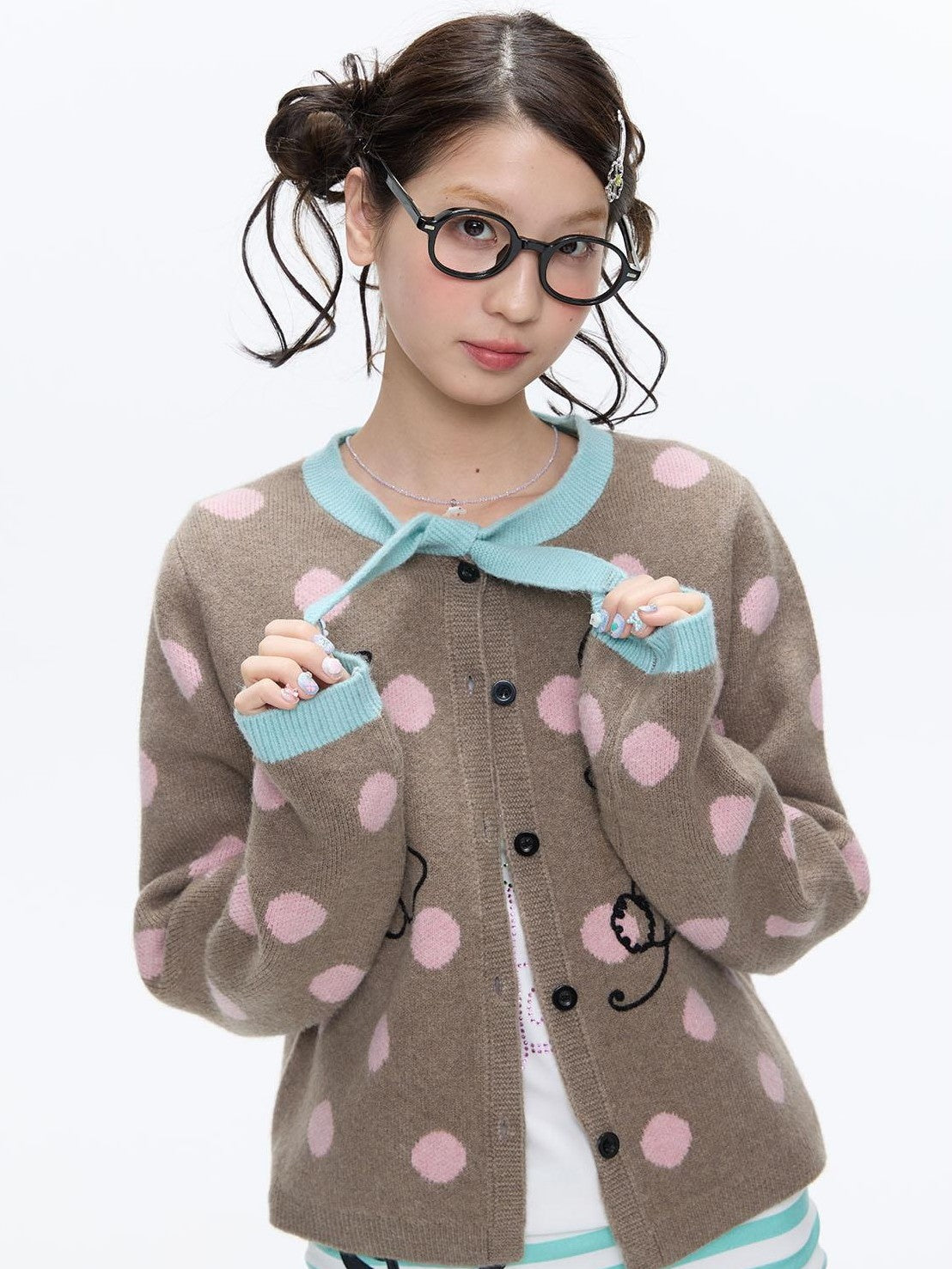 Vintage Contrast Collar Bow Polka Dot Women's Acrylic Blend Cardigans