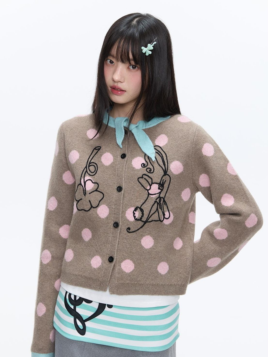 Vintage Contrast Collar Bow Polka Dot Women's Acrylic Blend Cardigans