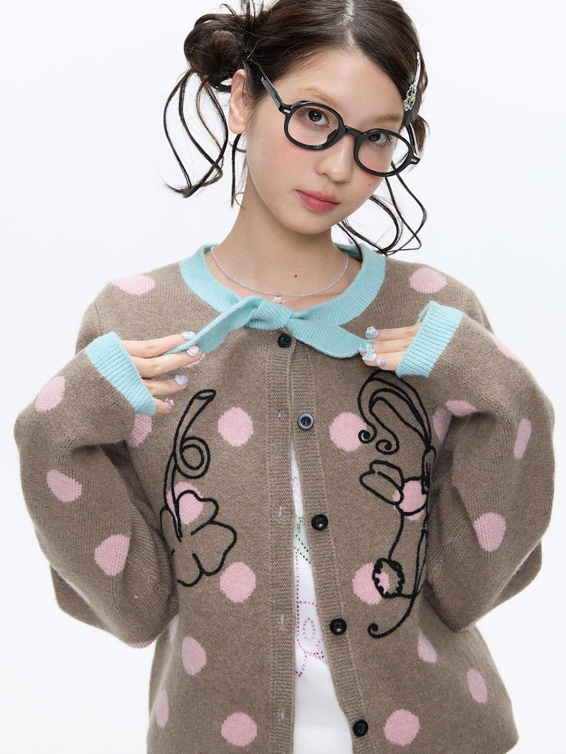 Vintage Contrast Collar Bow Polka Dot Women's Acrylic Blend Cardigans