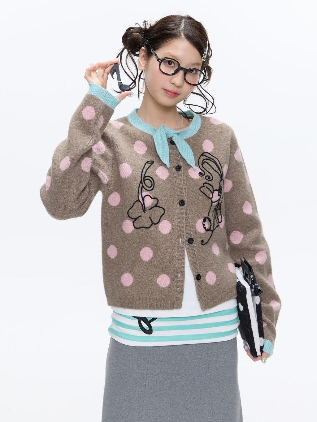 Vintage Contrast Collar Bow Polka Dot Women's Acrylic Blend Cardigans