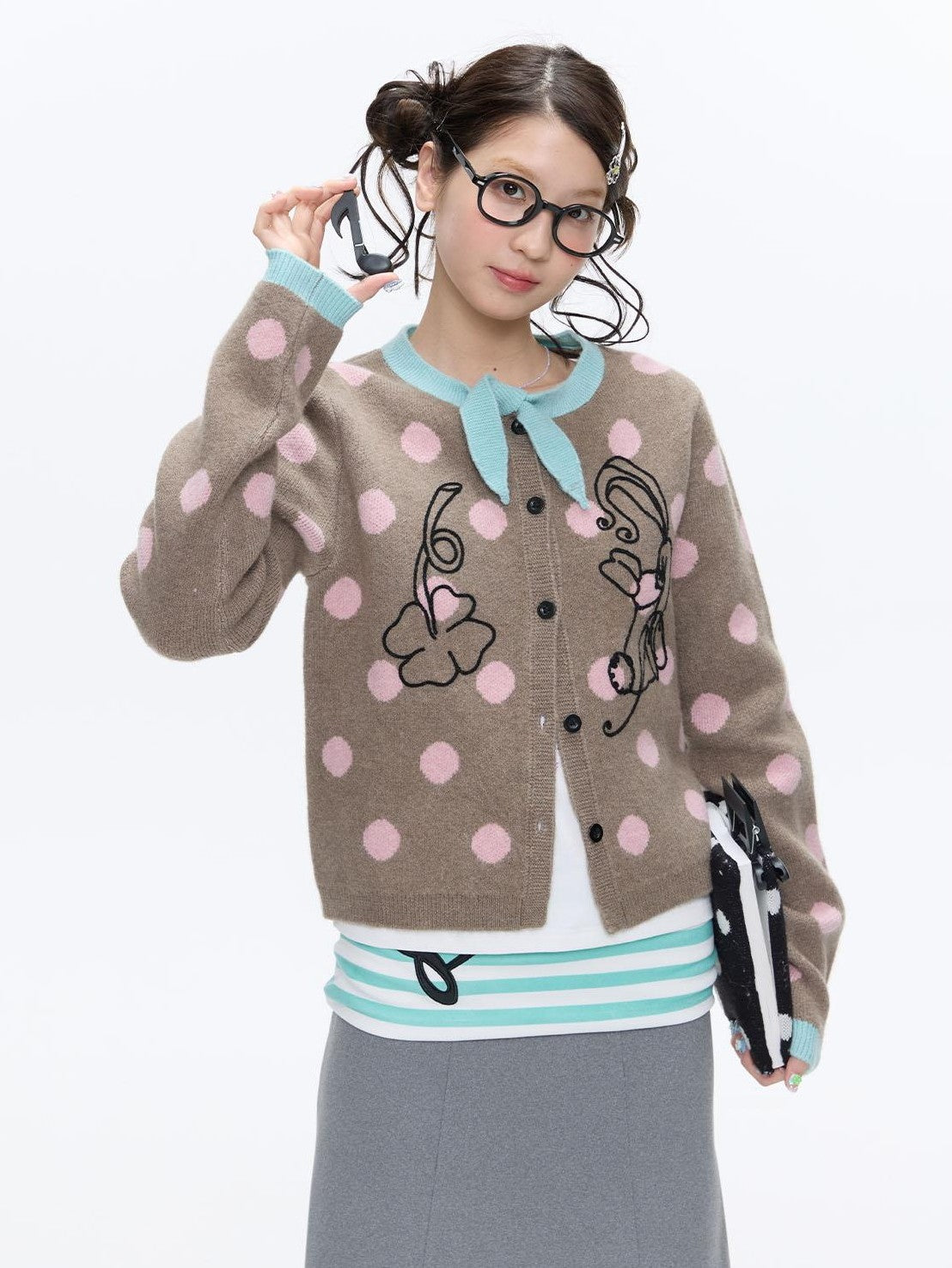 Vintage Contrast Collar Bow Polka Dot Women's Acrylic Blend Cardigans