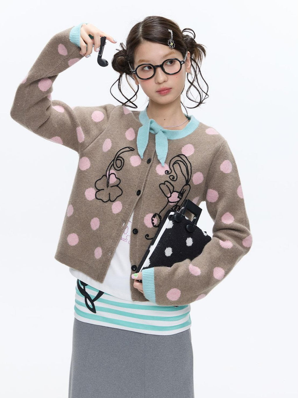 Vintage Contrast Collar Bow Polka Dot Women's Acrylic Blend Cardigans