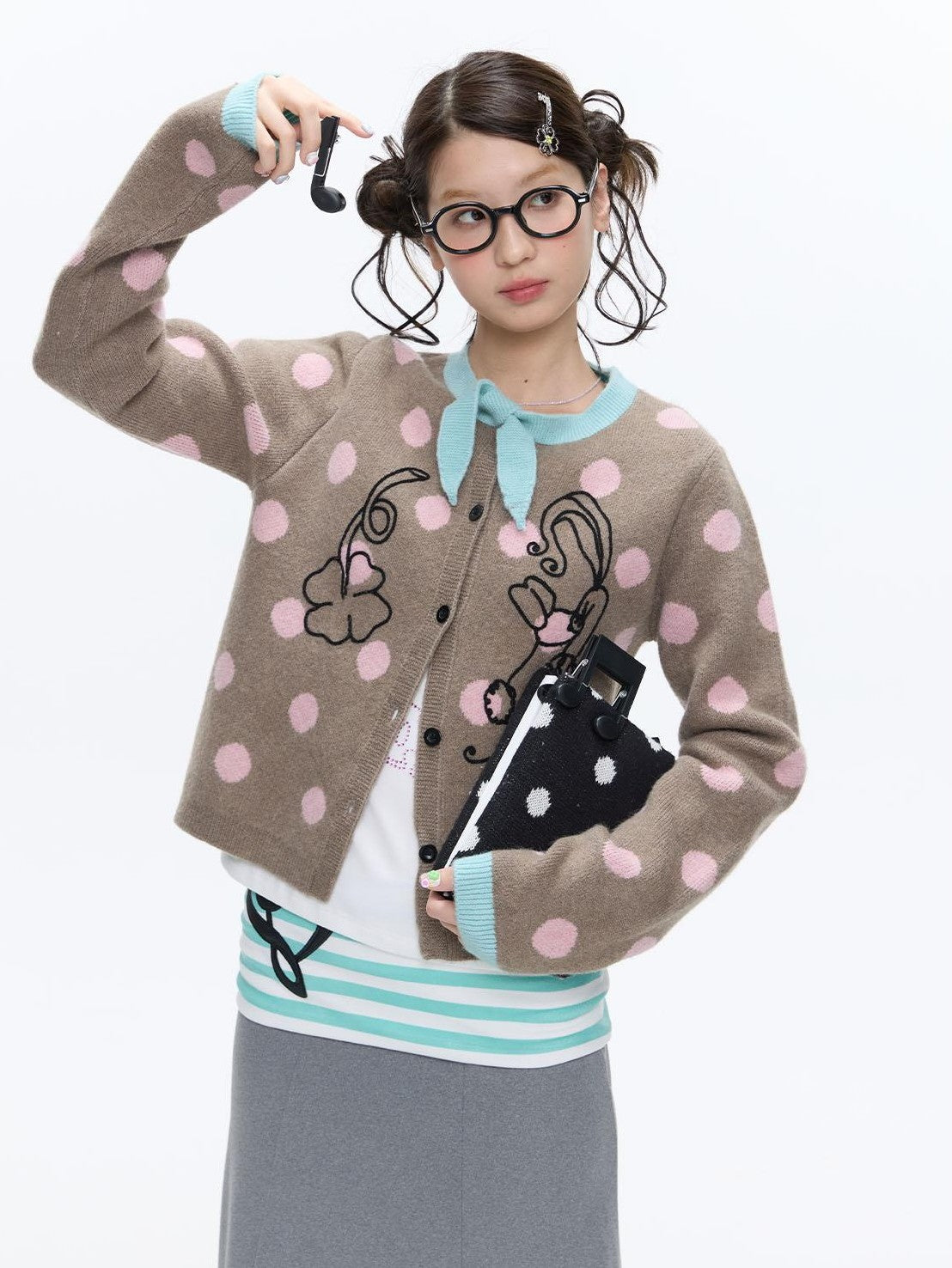 Vintage Contrast Collar Bow Polka Dot Women's Acrylic Blend Cardigans