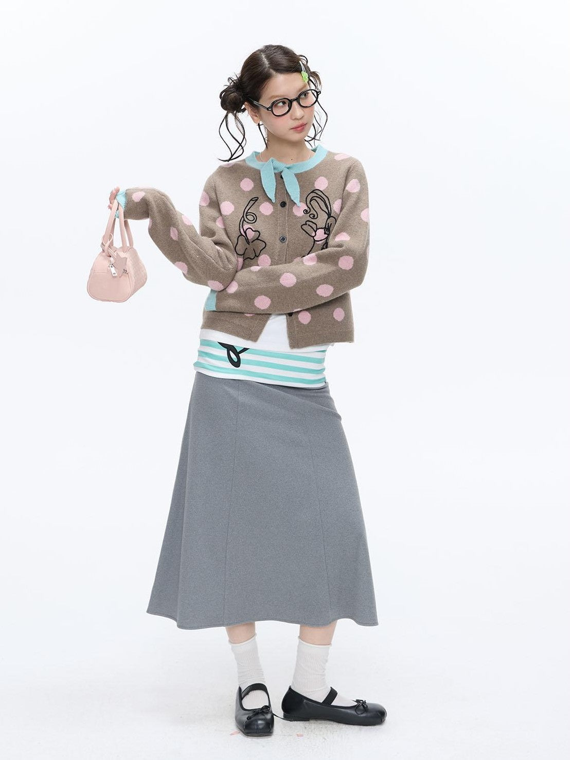 Vintage Contrast Collar Bow Polka Dot Women's Acrylic Blend Cardigans