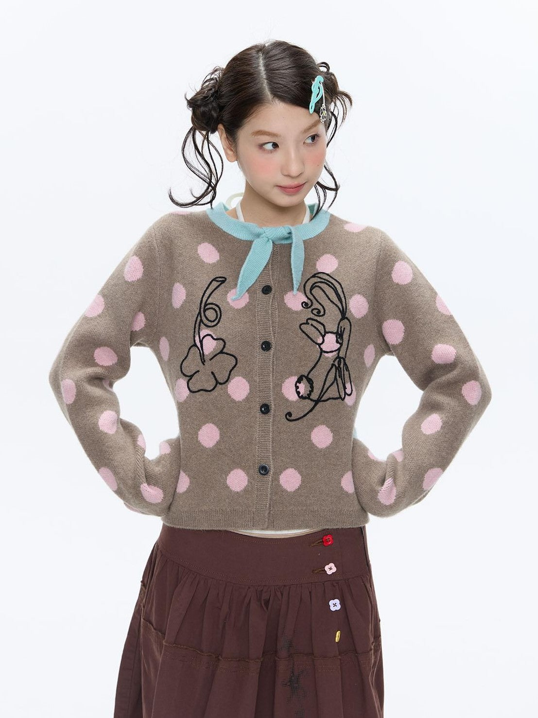 Vintage Contrast Collar Bow Polka Dot Women's Acrylic Blend Cardigans