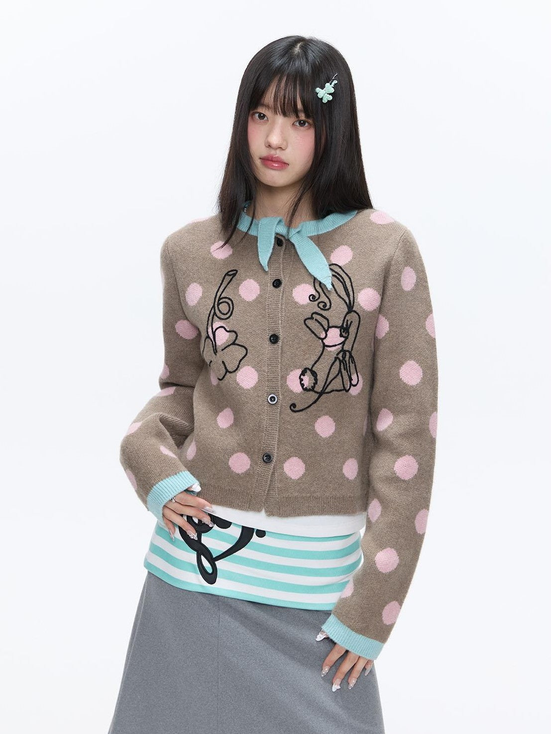 Vintage Contrast Collar Bow Polka Dot Women's Acrylic Blend Cardigans