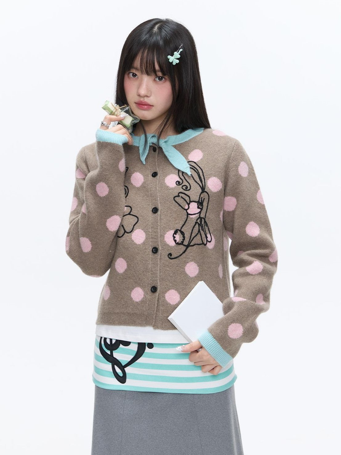 Vintage Contrast Collar Bow Polka Dot Women's Acrylic Blend Cardigans