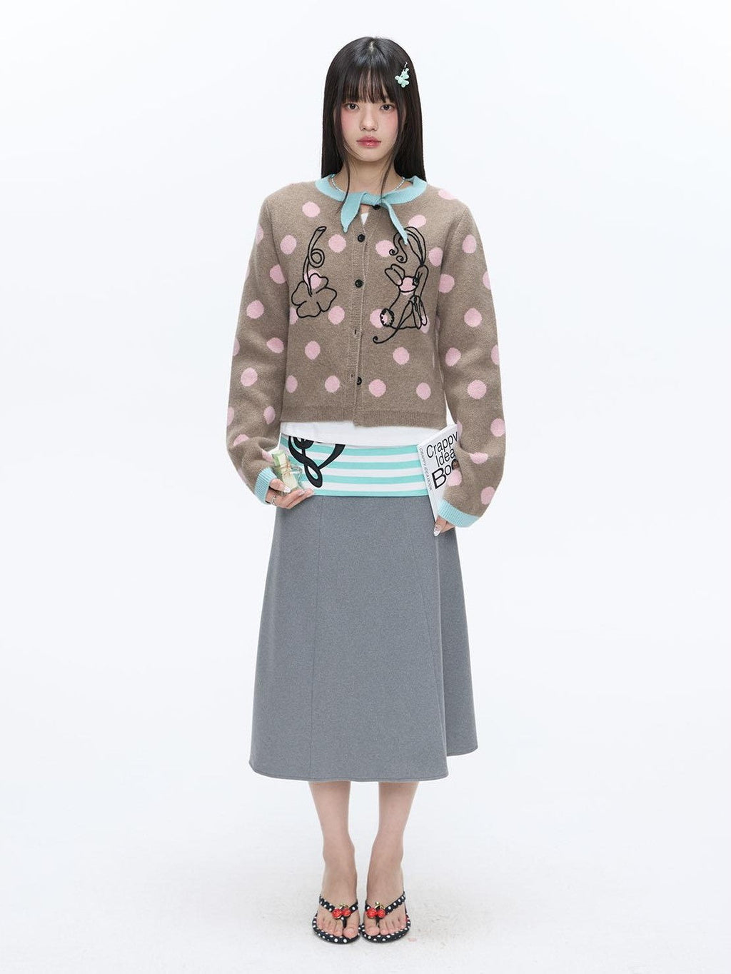 Vintage Contrast Collar Bow Polka Dot Women's Acrylic Blend Cardigans