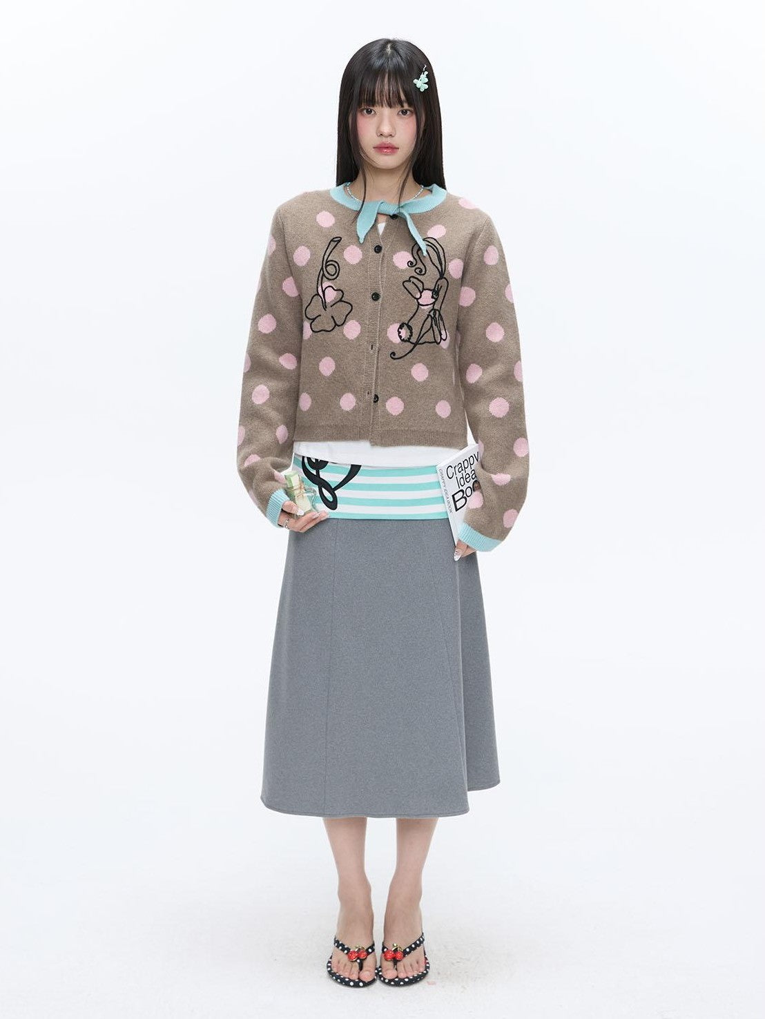 Vintage Contrast Collar Bow Polka Dot Women's Acrylic Blend Cardigans