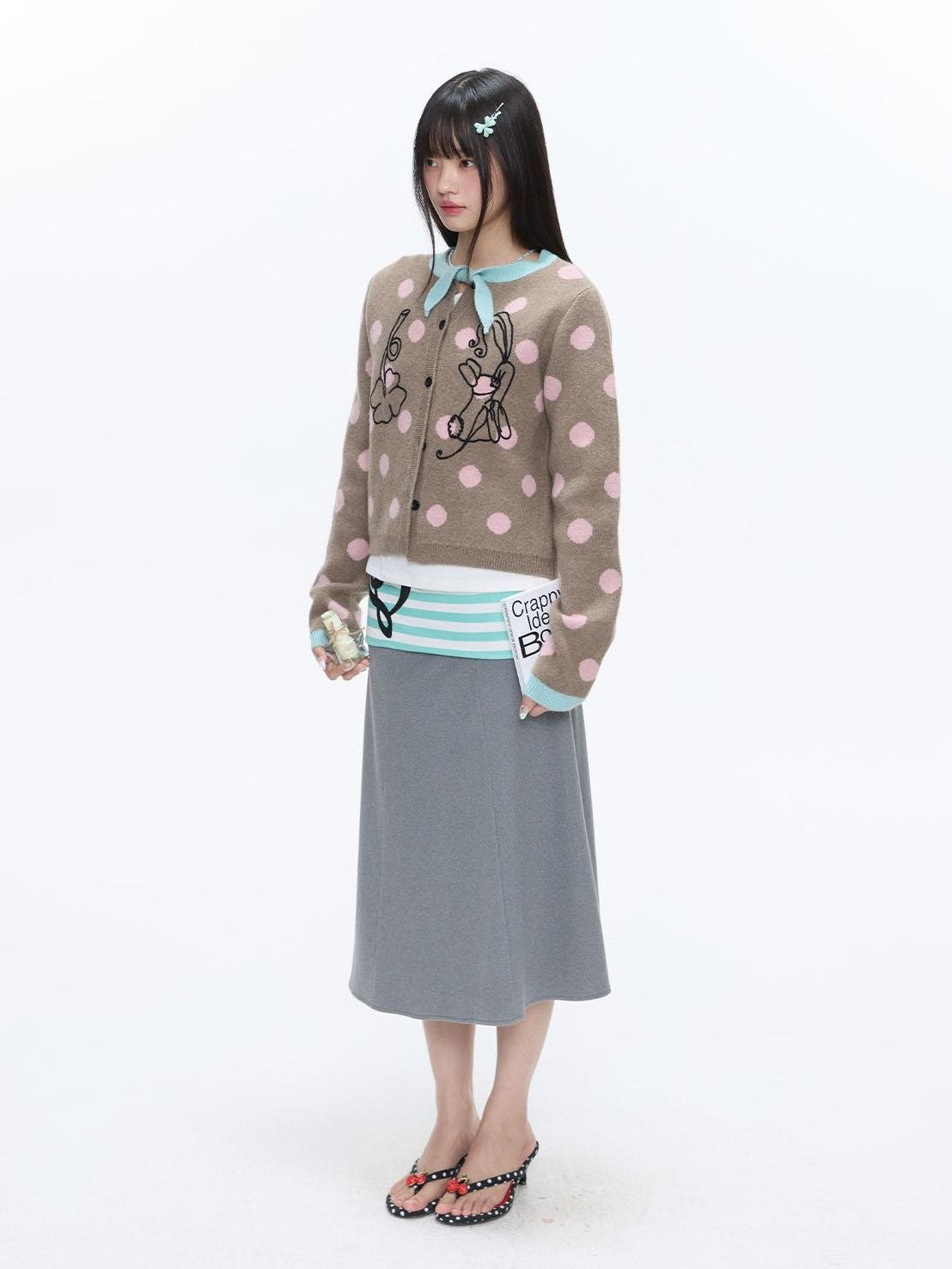 Vintage Contrast Collar Bow Polka Dot Women's Acrylic Blend Cardigans