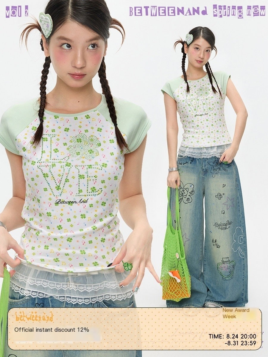 Vintage Crystal Clover Print Raglan Slim Women's Viscose Short Sleeve T-shirts