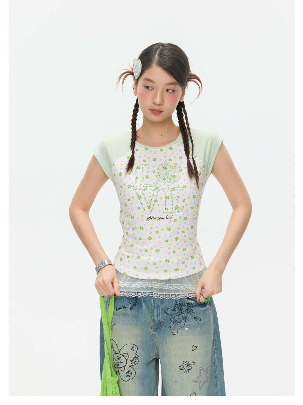 Vintage Crystal Clover Print Raglan Slim Women's Viscose Short Sleeve T-shirts