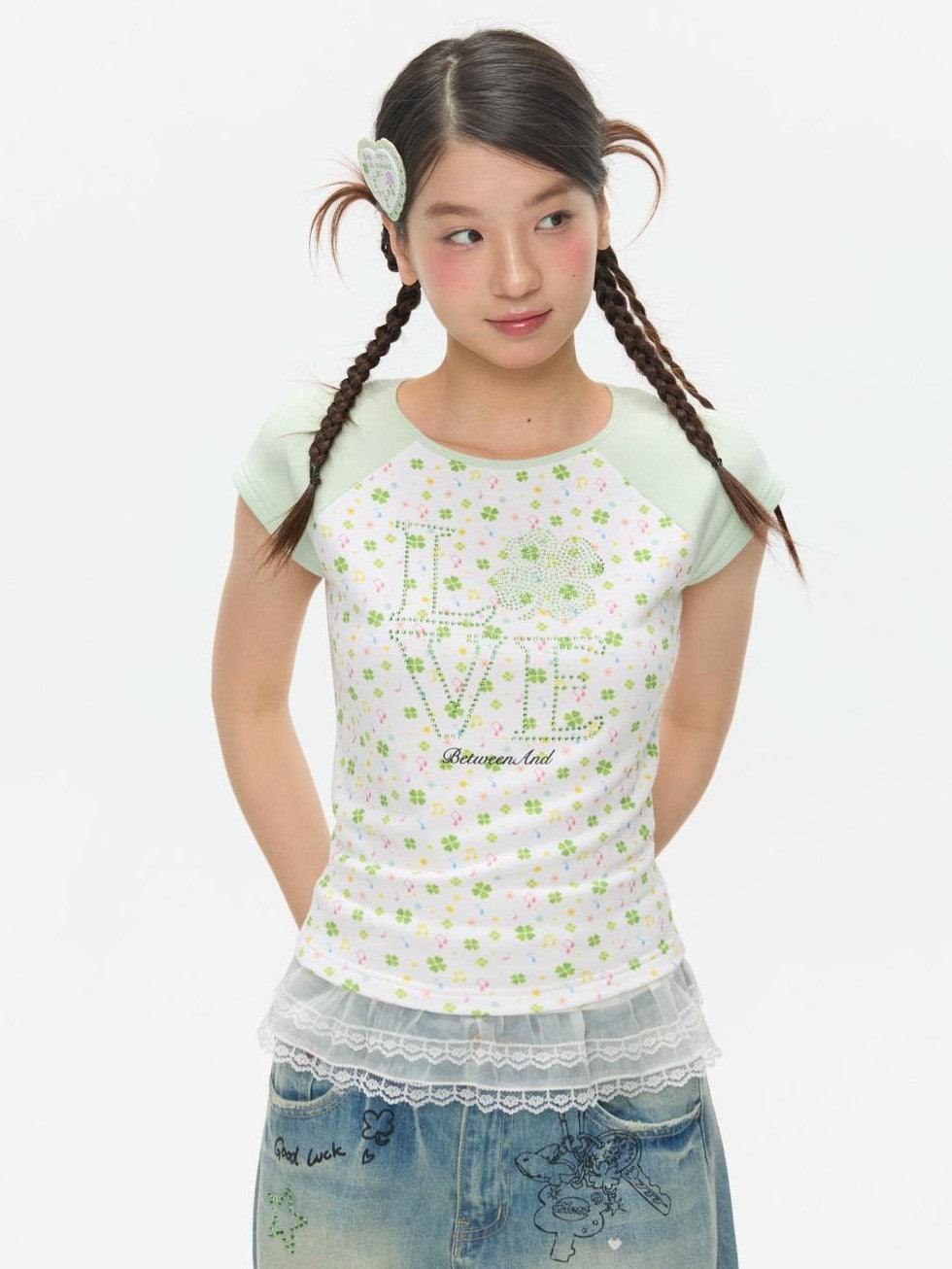 Vintage Crystal Clover Print Raglan Slim Women's Viscose Short Sleeve T-shirts