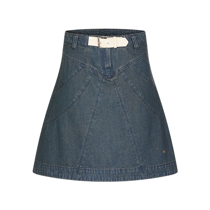 Vintage Denim A Line Mid Waist Heavy Detailing Women's Cotton Blend Midi Skirts