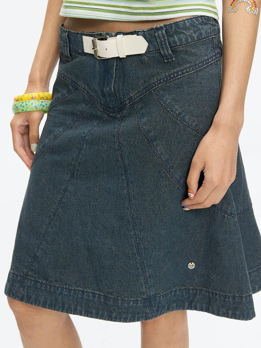 Vintage Denim A Line Mid Waist Heavy Detailing Women's Cotton Blend Midi Skirts