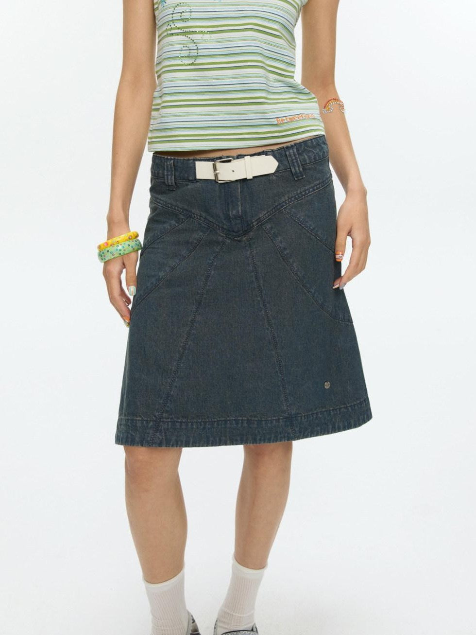 Vintage Denim A Line Mid Waist Heavy Detailing Women's Cotton Blend Midi Skirts