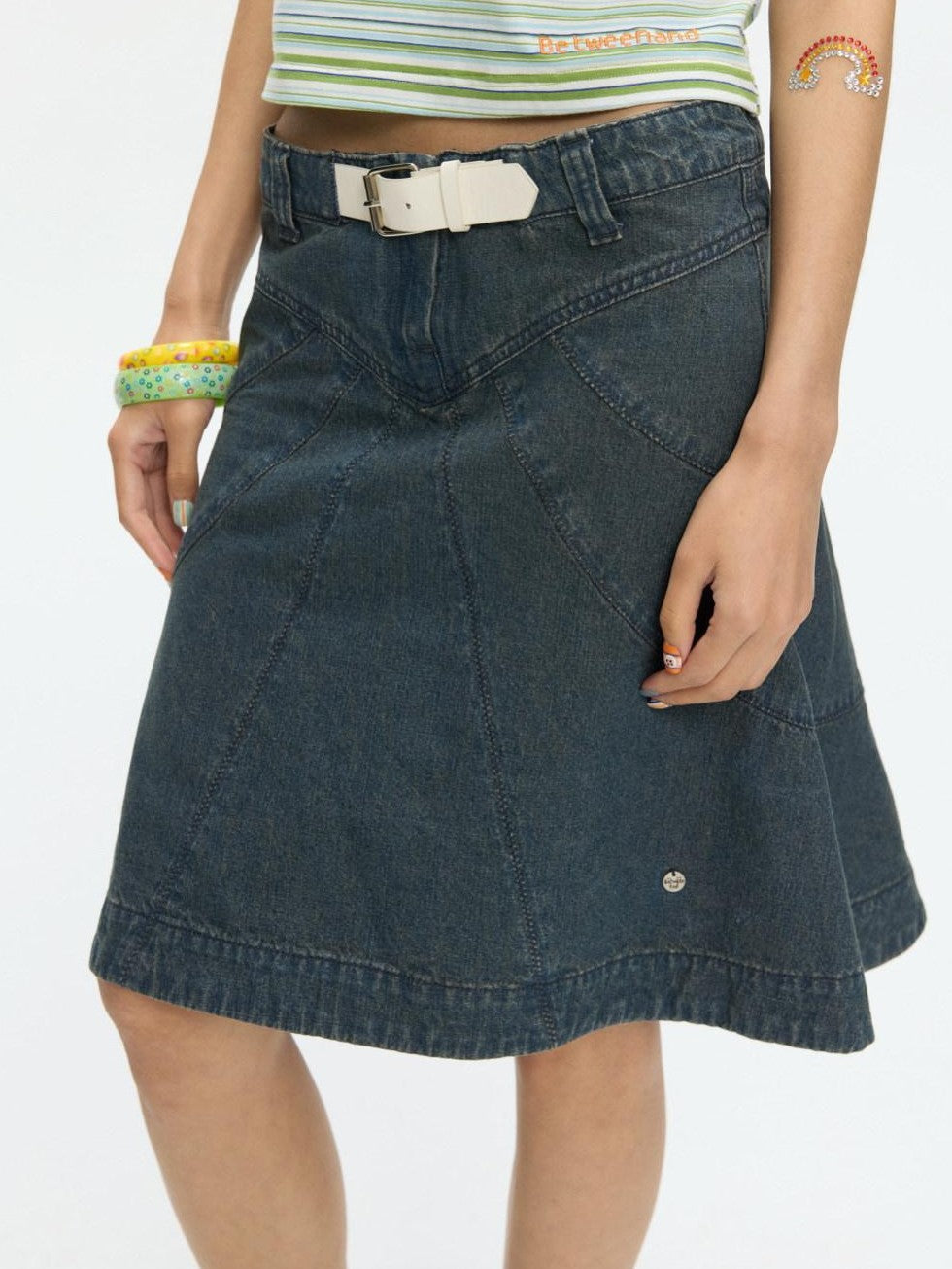 Vintage Denim A Line Mid Waist Heavy Detailing Women's Cotton Blend Midi Skirts