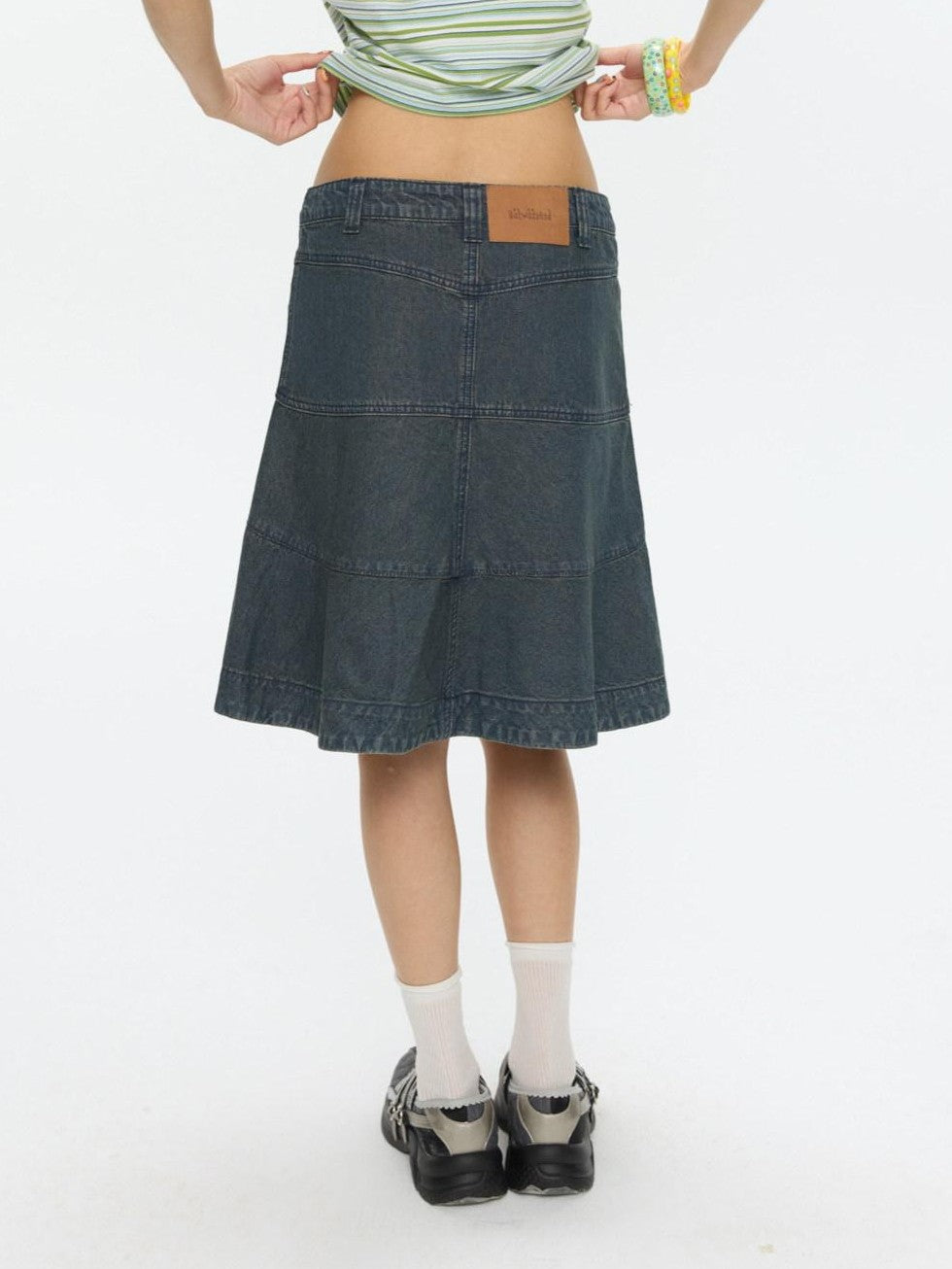 Vintage Denim A Line Mid Waist Heavy Detailing Women's Cotton Blend Midi Skirts