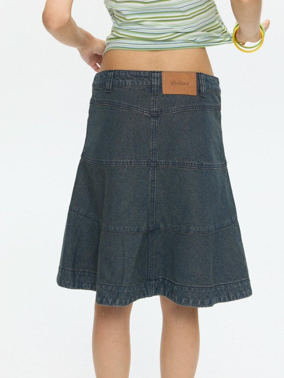 Vintage Denim A Line Mid Waist Heavy Detailing Women's Cotton Blend Midi Skirts