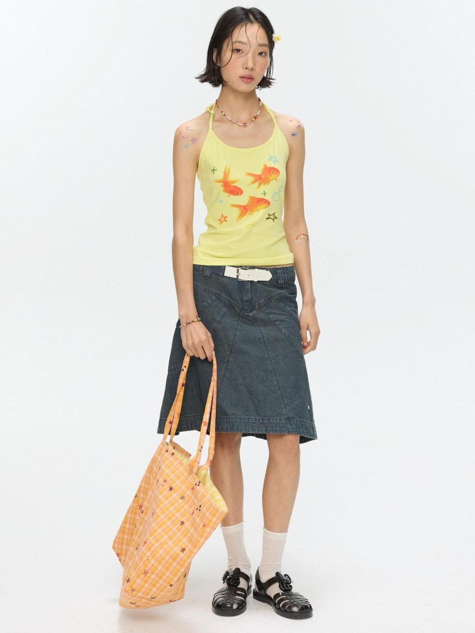 Vintage Denim A Line Mid Waist Heavy Detailing Women's Cotton Blend Midi Skirts