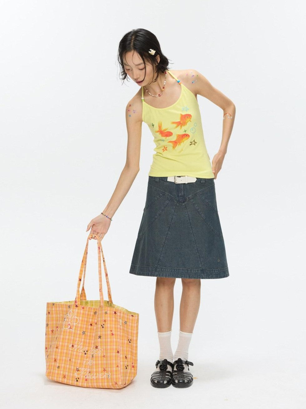 Vintage Denim A Line Mid Waist Heavy Detailing Women's Cotton Blend Midi Skirts
