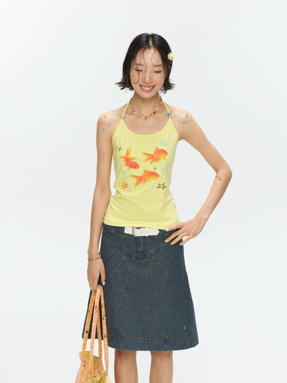 Vintage Denim A Line Mid Waist Heavy Detailing Women's Cotton Blend Midi Skirts