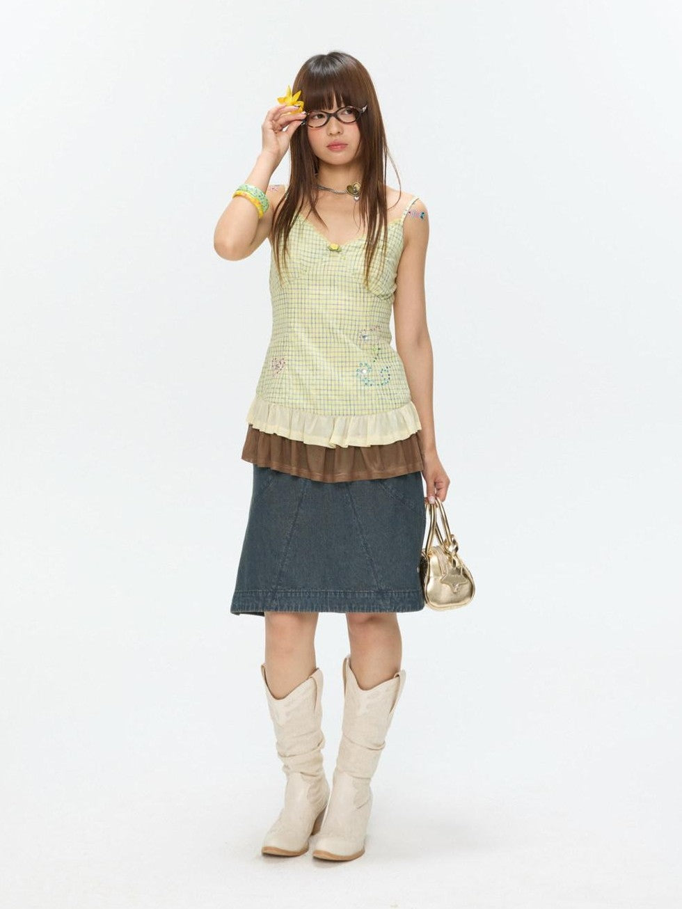 Vintage Denim A Line Mid Waist Heavy Detailing Women's Cotton Blend Midi Skirts