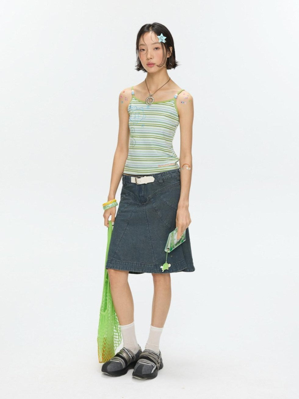 Vintage Denim A Line Mid Waist Heavy Detailing Women's Cotton Blend Midi Skirts