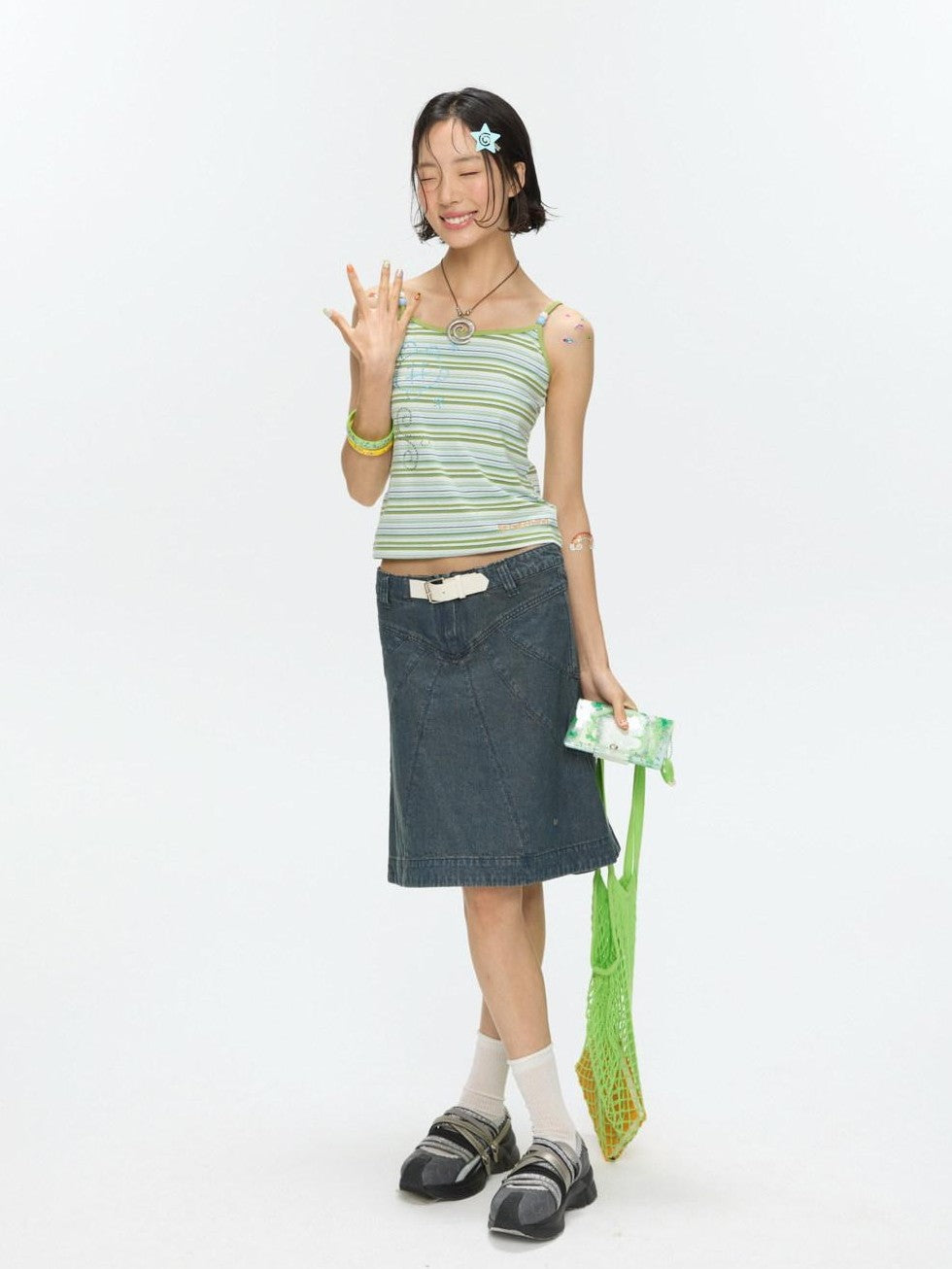 Vintage Denim A Line Mid Waist Heavy Detailing Women's Cotton Blend Midi Skirts