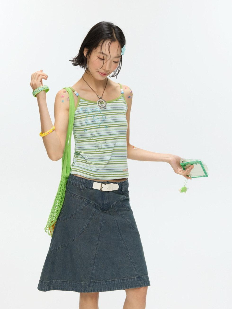 Vintage Denim A Line Mid Waist Heavy Detailing Women's Cotton Blend Midi Skirts