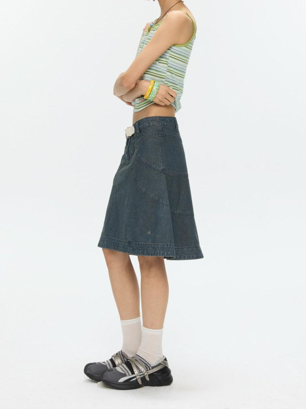 Vintage Denim A Line Mid Waist Heavy Detailing Women's Cotton Blend Midi Skirts