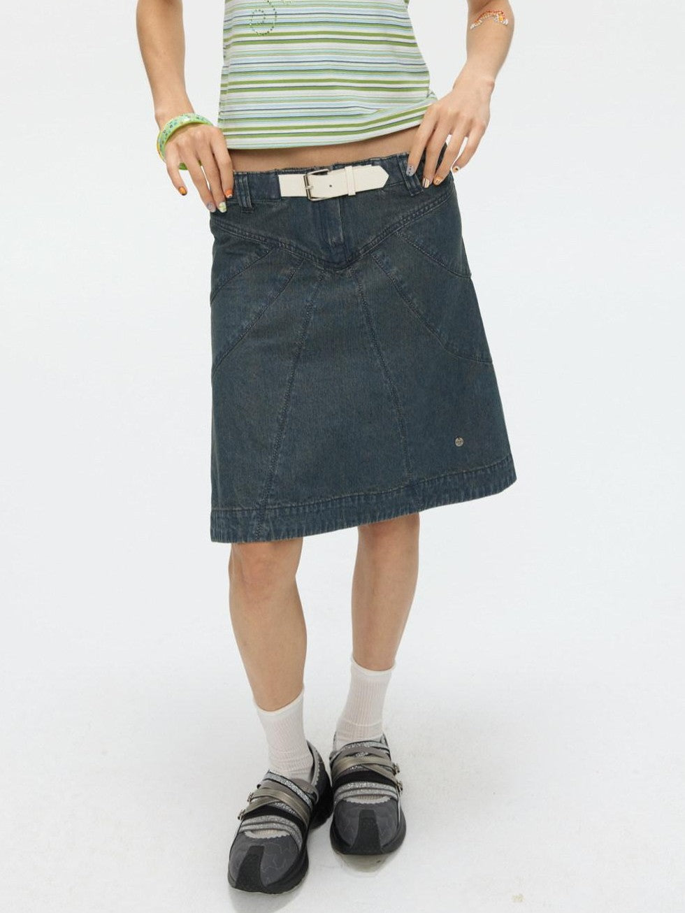 Vintage Denim A Line Mid Waist Heavy Detailing Women's Cotton Blend Midi Skirts