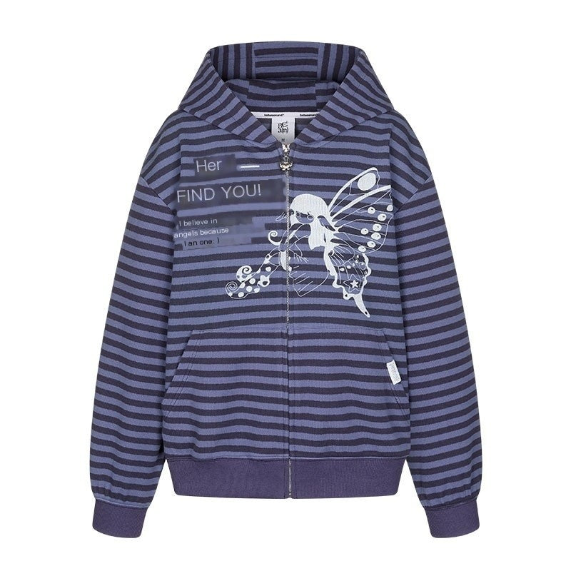Vintage Purple Butterfly Striped Oversized Women's Cotton Blend Zip-up Hoodies