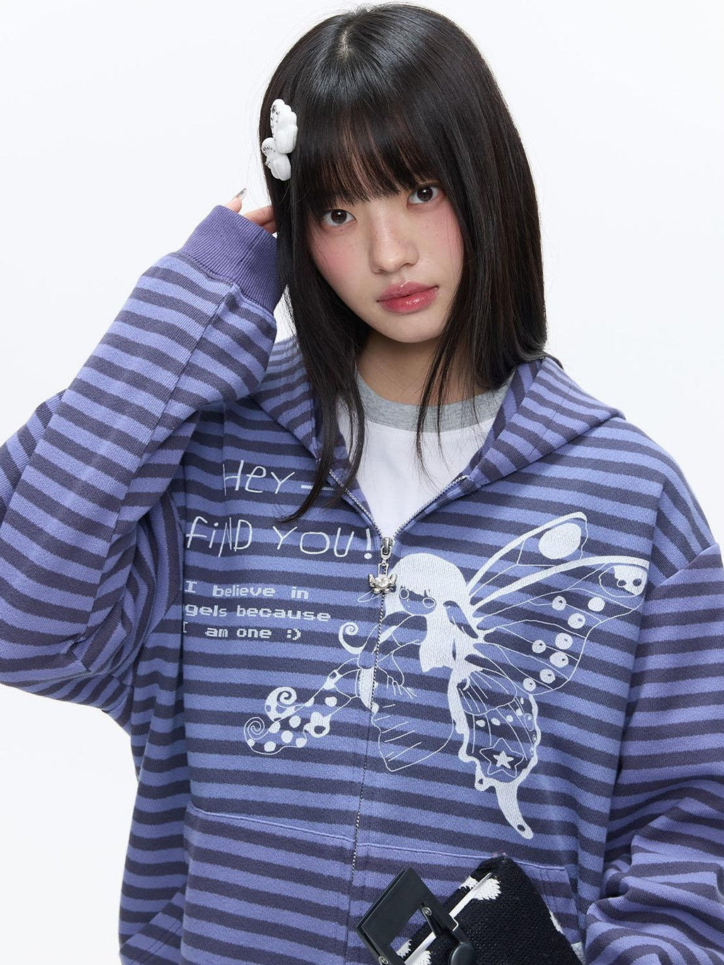 Vintage Purple Butterfly Striped Oversized Women's Cotton Blend Zip-up Hoodies
