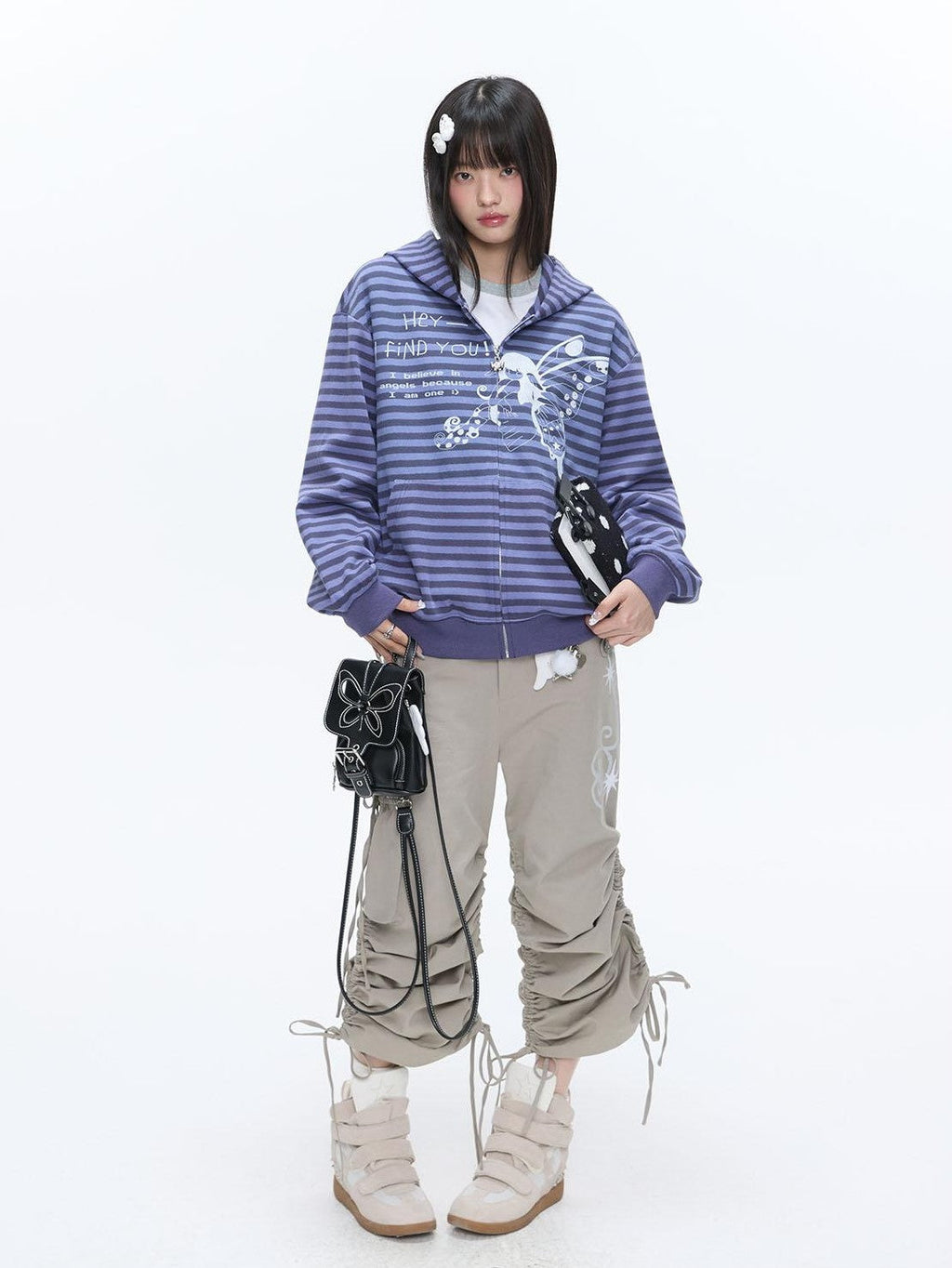 Vintage Purple Butterfly Striped Oversized Women's Cotton Blend Zip-up Hoodies