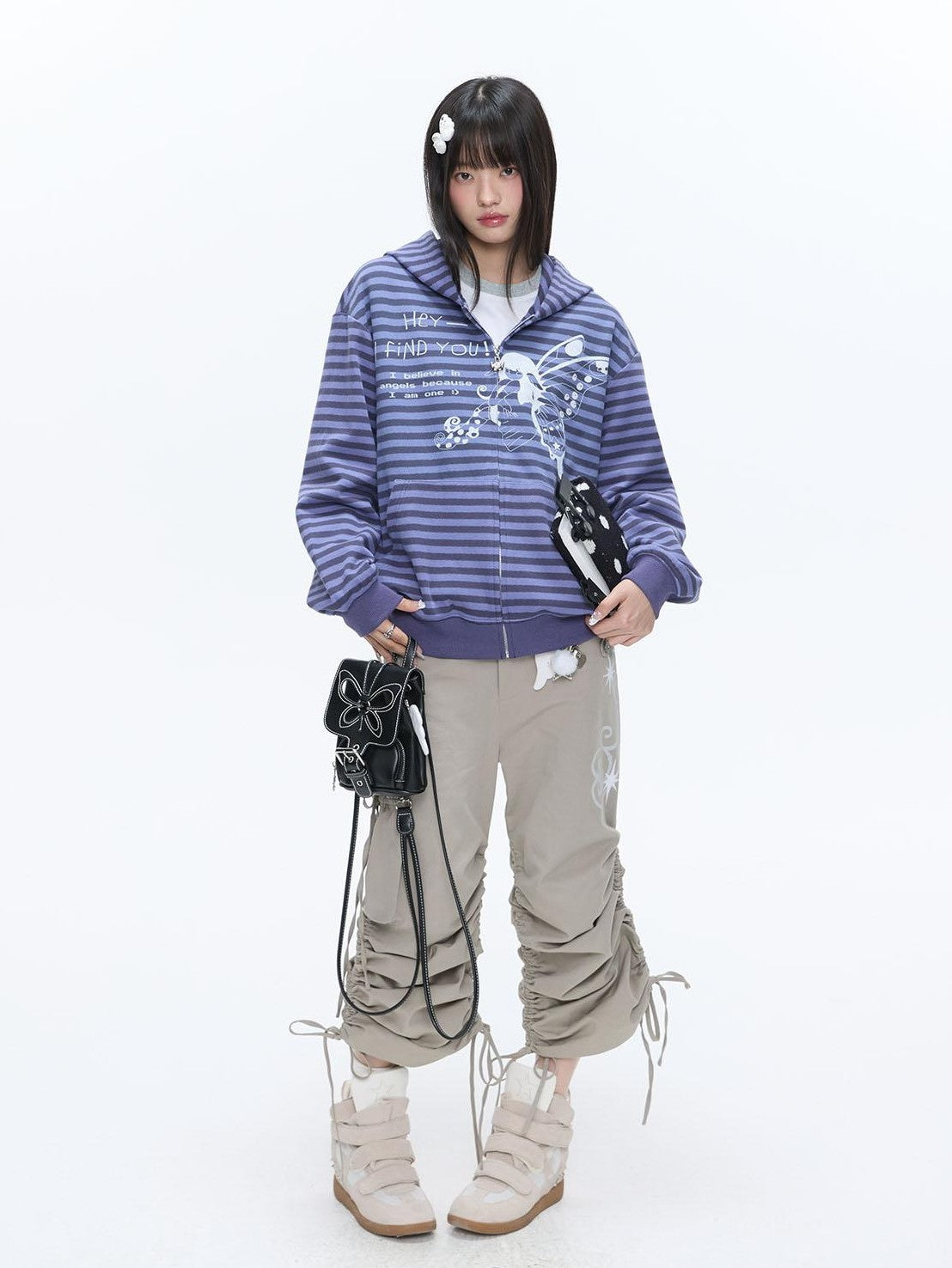 Vintage Purple Butterfly Striped Oversized Women's Cotton Blend Zip-up Hoodies