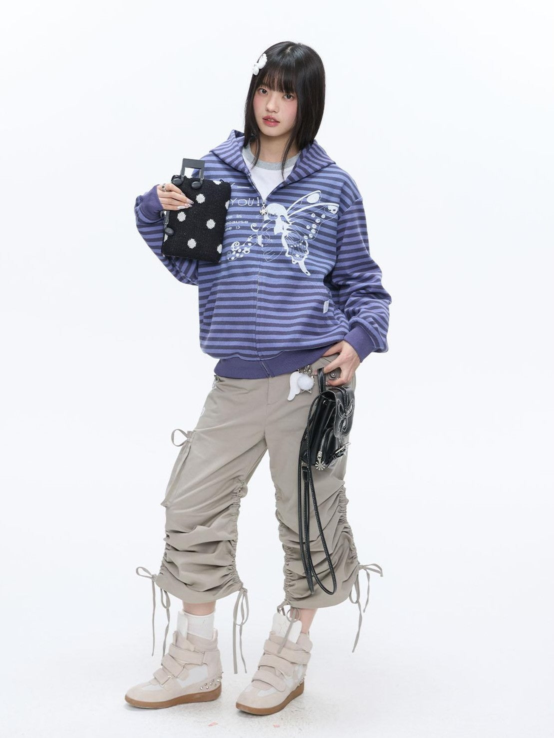 Vintage Purple Butterfly Striped Oversized Women's Cotton Blend Zip-up Hoodies